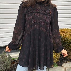 Free People Black Pink Paisley Semi Sheer Keyhole Tunic Blouse